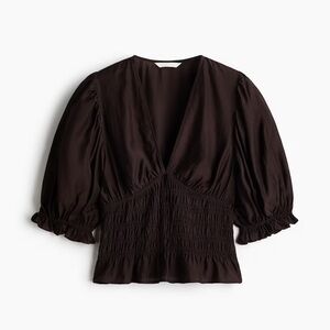 Brown V-Neck Smocked Waist Blouse